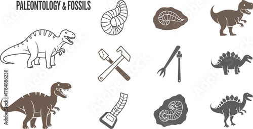 Illustration of dinosaurs and paleontological excavation tools for learning about ancient life
