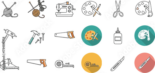 Collection of diverse craft and DIY tools, from art supplies to woodworking implements.