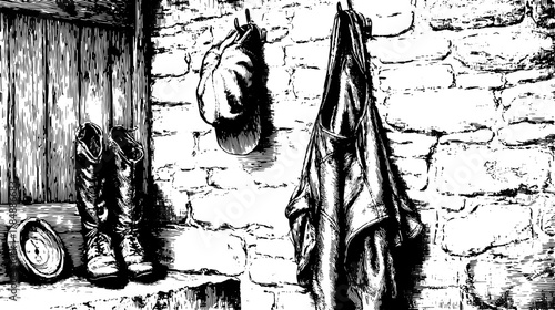 Engraving of boots, coat, and hat against a textured wall. Vintage hand-drawn illustration emphasizes historical clothing in a rustic set.