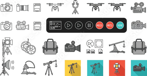 Collection of modern video and photography equipment icons for creative production