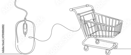 Online shopping concept with a computer mouse connected to a shopping cart
