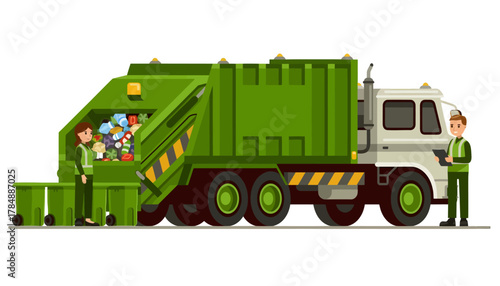 Illustration of a sanitation worker standing beside a green garbage truck with a dumpster on the side against a clean white background.