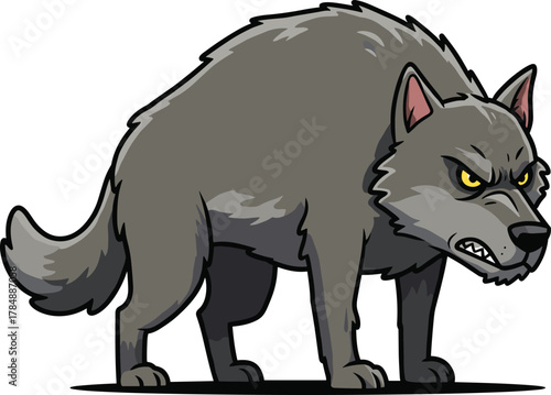 Cartoon wolf illustration, aggressive animal vector, snarling face artwork, defensive stance pose, gray fur design, wilderness creature sketch