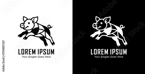 A logo design in the form of a jumping pig with a semi-modern line art style