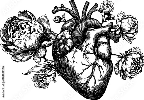 Anatomical heart with peony flowers in black and white ink. Vintage linework style vector illustration with botanical and decorative elements.