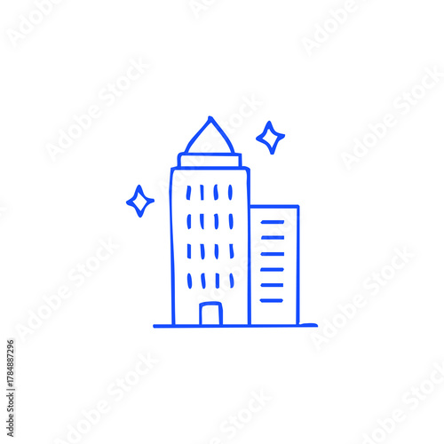 Outlined tall buildings with shimmering stars nearby