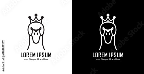 A logo design in the shape of a duck's head wearing a crown in a semi-modern line art style