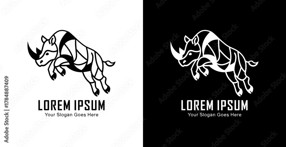 Fototapeta premium A logo design in the form of a jumping rhinoceros with a modern semi-line art style