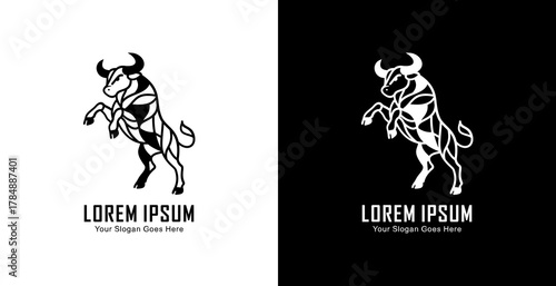 A logo design in the form of a standing bull with a semi-modern line art style