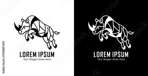 A logo design in the form of a jumping rhinoceros with a modern semi-line art style