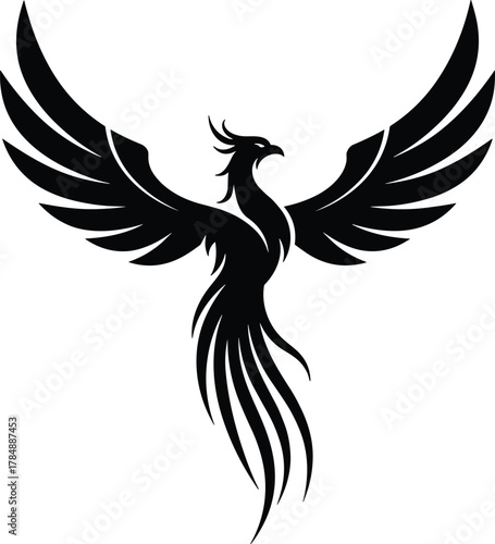 Phoenix silhouette illustration, mythological bird vector, black wings spread, rebirth symbol, fierce creature, symmetrical design, sharp feather artwork