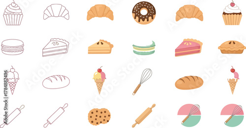 A delightful collection of baked goods and dessert illustrations, perfect for culinary themes.