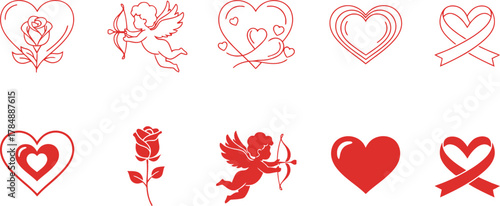 Collection of romantic red hearts, roses, and cupids for Valentine's Day