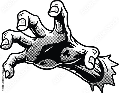 Zombie hand illustration, horror vector art, clawing gesture, black and white drawing, severed wrist, comic style, dramatic pose