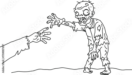 Zombie illustration vector, horror undead drawing, extended arm pose, skeletal face art, black and white sketch, Halloween creature design