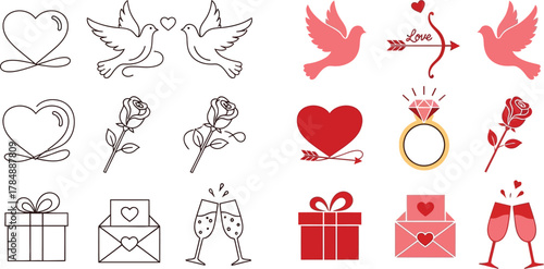 Romantic icons and symbols for Valentine's Day or weddings, featuring hearts, doves, roses, and gifts.