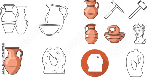 Collection of ancient pottery, tools, and classical bust illustrations