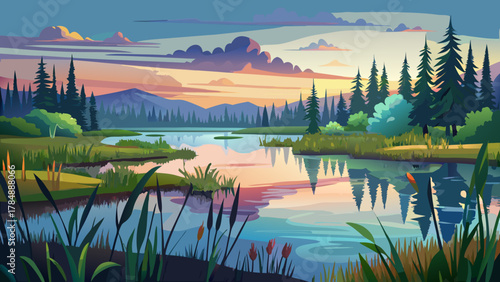 Very beautiful view from Seney National Wildlife Refuge in Michigan’s Upper Peninsula, featuring calm wetlands, reflective water pools, tall grasses, scattered pines, and a realistic serene northern w