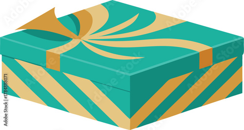 Turquoise gift box with orange ribbon and stripes isometric view