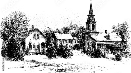 Vintage illustration of a rural building set, featuring a church and houses with outlined details. Classic black and white vector illustration showing winter scenery.