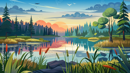 Very beautiful view from Seney National Wildlife Refuge in Michigan’s Upper Peninsula, featuring calm wetlands, reflective water pools, tall grasses, scattered pines, and a realistic serene northern 