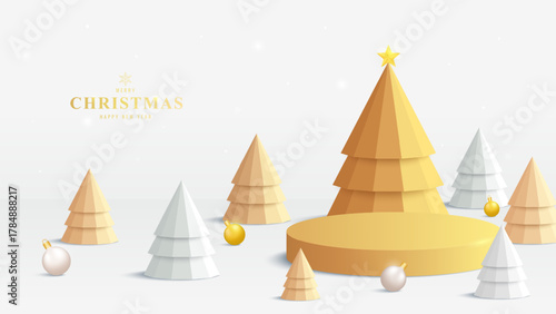 3D Golden podium with minimal christmas trees, golden ornaments and festive lights. Perfect for holiday product display or advertising background