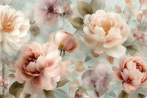 Fototapeta Naklejka Na Ścianę i Meble -  Delicate and romantic seamless pattern with peonies in soft pastel colors