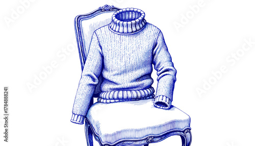 Vintage sketch of a knitted sweater on chair in blue ink  
