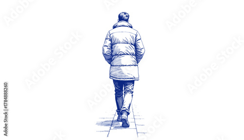 Man in down coat walking on pavement in vintage blue ink sketch  