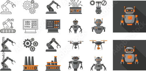 Collection of modern technology icons featuring robots, drones, and industrial machinery