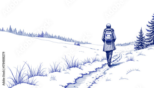 Woman walking snowy trail in a vintage sketch with blue ink  