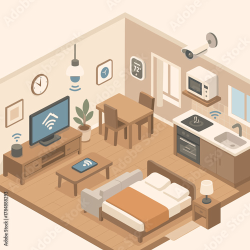 Isometric view of modern apartment interior with smart home technology and cozy furnishings