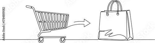 Shopping cart moving towards a shopping bag, symbolizing commerce and purchasing.
