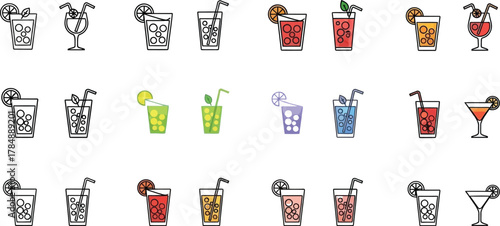 Collection of refreshing cocktail icons with ice and garnishes