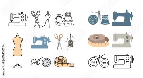 Collection of sewing tools and machines for creative design and crafting