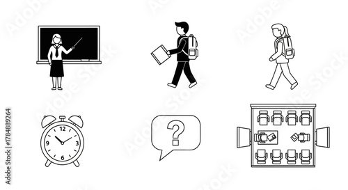A set of six black and white line art icons depicting various elements of school life and education.