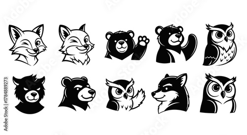A collection of black and white cartoon-style illustrations of various animal heads, including foxes, bears, and owls.