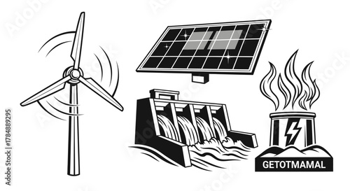 A collage of renewable energy infrastructure featuring wind turbines, solar panels, and hydro facilities for clean power generation.