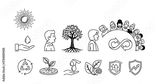 Collection of line art icons representing sustainability, environment, and social responsibility concepts.