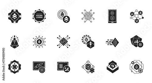 A collection of black glyph icons representing blockchain, cryptocurrency, and fintech concepts.