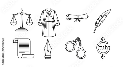 Collection of line art illustrations depicting legal symbols and related objects, such as scales and handcuffs.