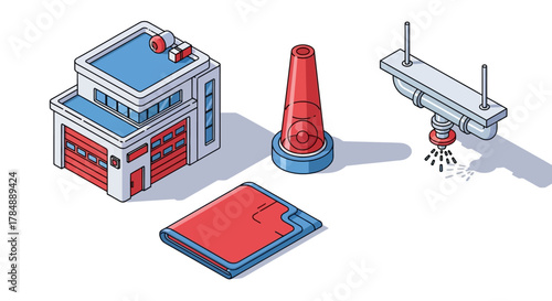 Isometric illustration of a fire station, sprinkler, cone and a fire blanket.