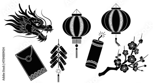 Chinese New Year themed black and white vector illustration.
