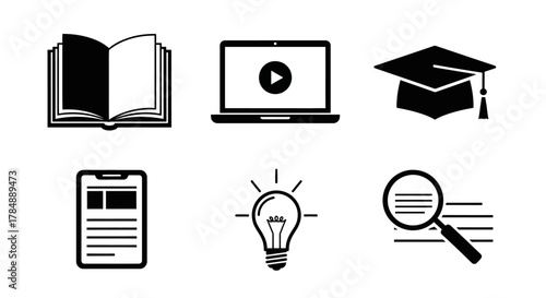 Set of six black and white icons representing education, online learning, knowledge, research, and academic achievement.