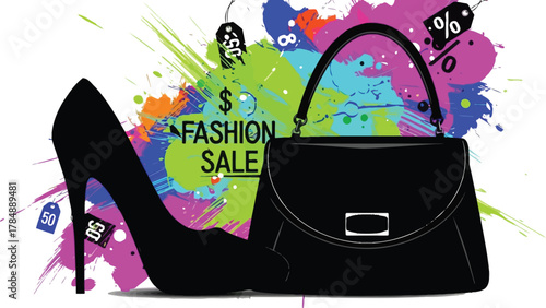 Chic black high heel shoe and handbag on vibrant abstract background with sale tags