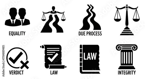Collection of black and white icons representing legal concepts and principles, justice.