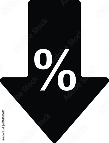Sharp downward arrow with percentage symbol signals falling prices and economic decline