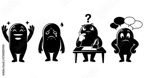 Four cartoon characters showing different emotions: happy, sad, thinking, and confused.