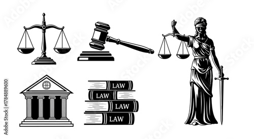 A collection of black and white vector illustrations representing legal concepts and justice.