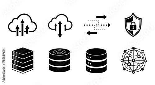 Collection of black and white icons representing cloud computing, data storage, network security, and data transfer.